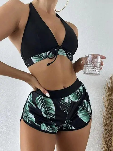 Palm Paradise Halter Top with Shorts Swimsuit