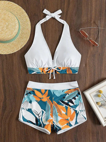 Palm Paradise Halter Top with Shorts Swimsuit