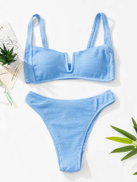 V-Cut Textured Two Piece Swimsuit