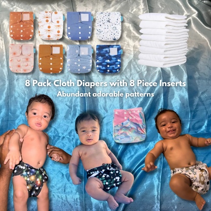 Smart Start Reusable, Adjustable Cloth Diaper Set - 8 Diapers with 8 Inserts