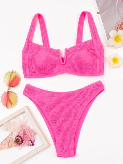 V-Cut Textured Two Piece Swimsuit