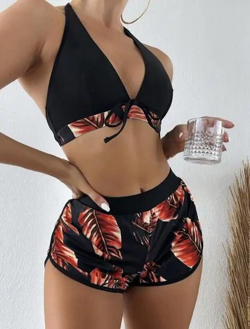 Palm Paradise Halter Top with Shorts Swimsuit