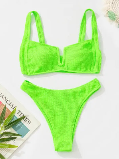 V-Cut Textured Two Piece Swimsuit